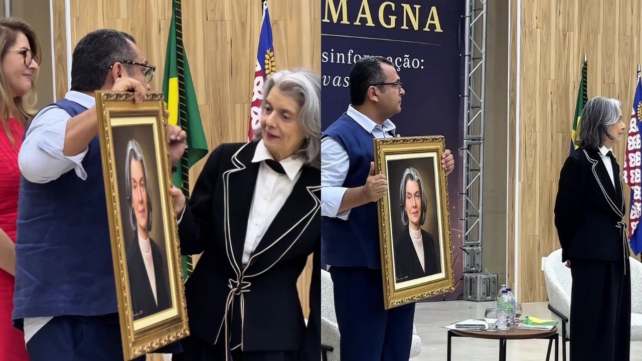 Ministra Cármen Lúcia é homenageada com obra de artista cearense durante visita à Uece